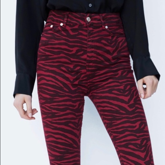 Zara Premium Red Zebra High Waist Jeans Size 4 - Picture 5 of 8